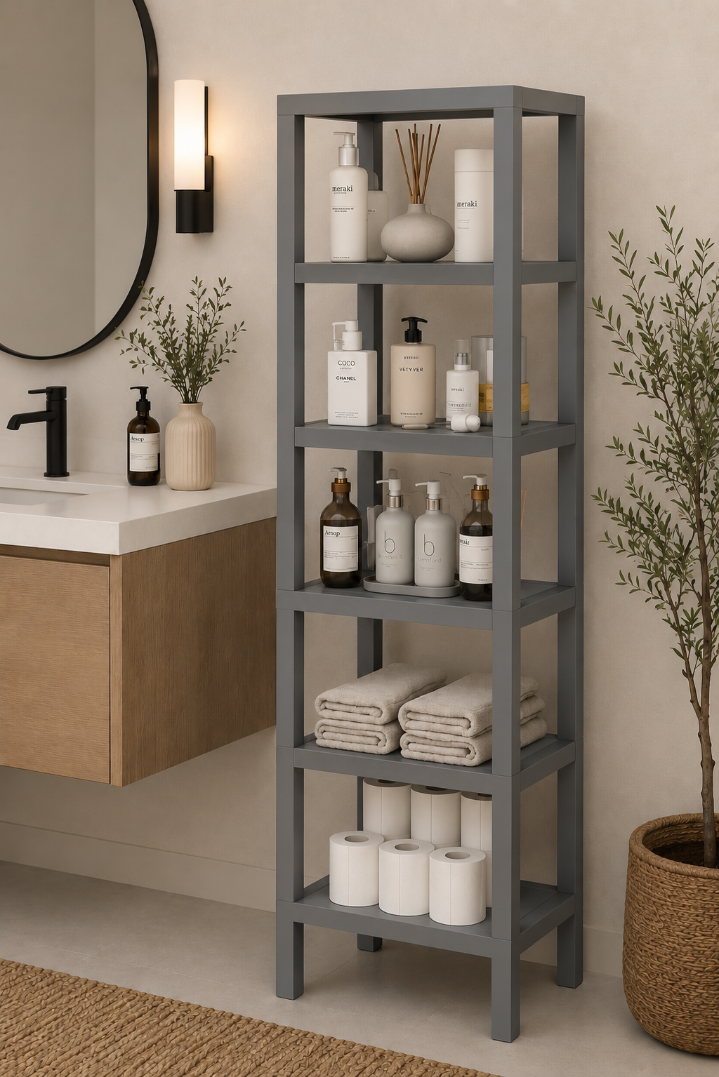6 Bölmeli Gri Çok Amaçlı Banyo Düzenleyici Saksılık Kitaplık
