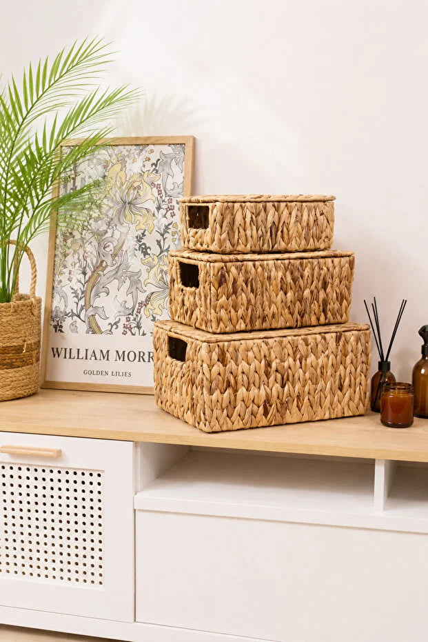 Hasır Su Sümbülü Kapaklı 36x28x18cm Dikdörtgen Düzenleyici/Sepet/Organizer