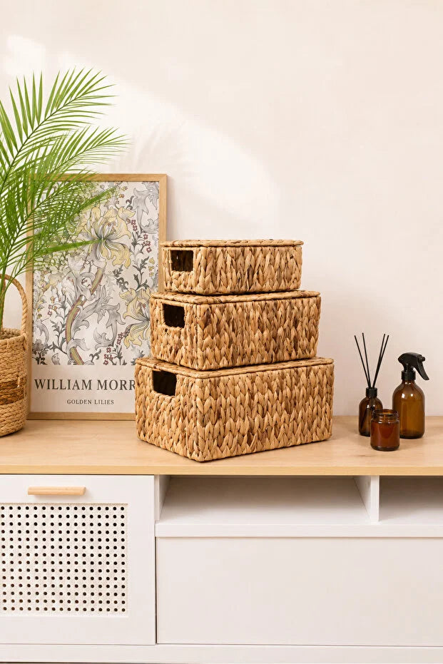 Hasır Su Sümbülü Kapaklı 36x28x18cm Dikdörtgen Düzenleyici/Sepet/Organizer