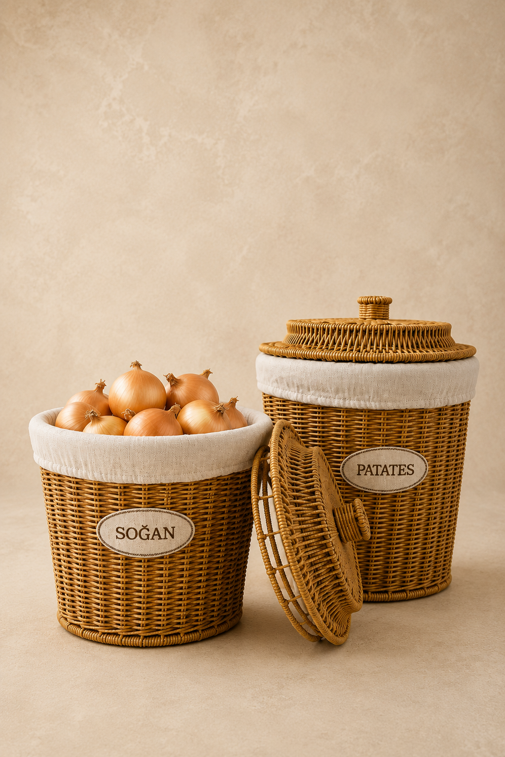 3'Lü Rattan Büyük Boy Patates Soğan Sarımsak Saklama Sepeti