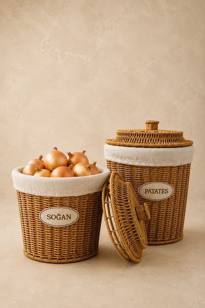 3'Lü Rattan Büyük Boy Patates Soğan Sarımsak Saklama Sepeti