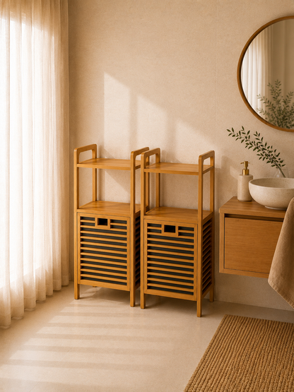 2 adet Vita 2 Raflı Bambu Kirli Sepeti , Çamaşır Sepeti Banyo Dolap Organizer