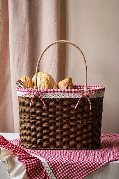 Rattan İç Korumalı Piknik Sepeti / Çanta Kahve Renk