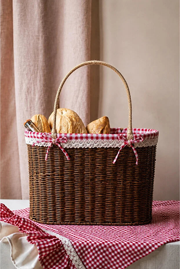 Rattan İç Korumalı Piknik Sepeti / Çanta Kahve Renk