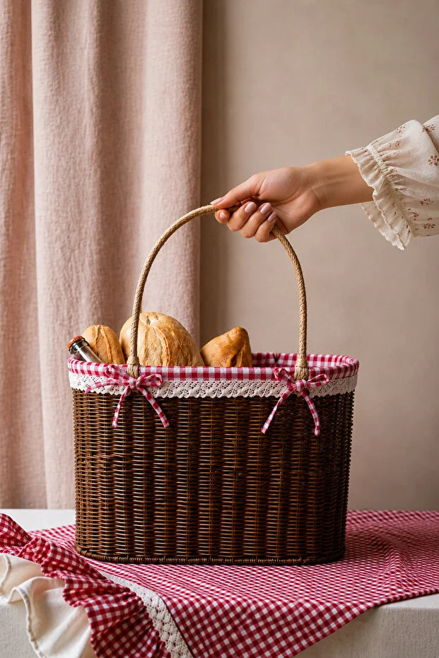 Rattan İç Korumalı Piknik Sepeti / Çanta Kahve Renk