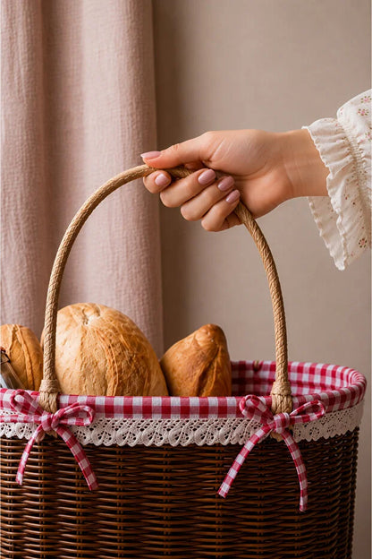 Rattan İç Korumalı Piknik Sepeti / Çanta Kahve Renk