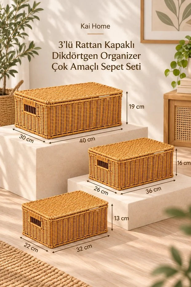 Rattan 3'Lü Çok Amaçlı Hasır Düzenleyici/Organizer/Sepet/Banyo Düzenleyici