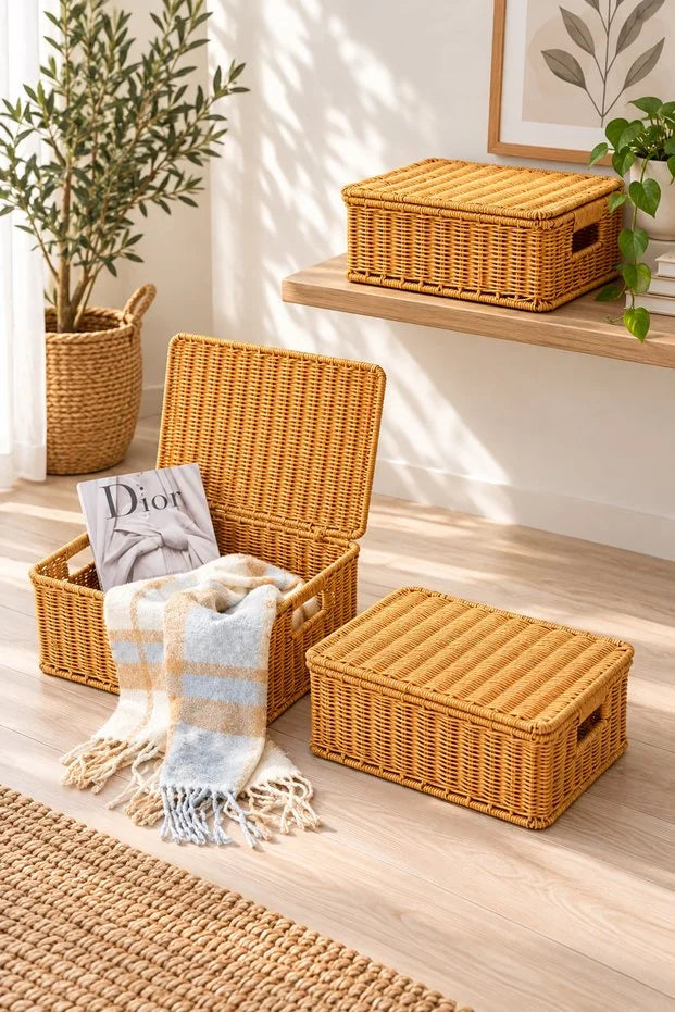 Rattan 3'Lü Çok Amaçlı Hasır Düzenleyici/Organizer/Sepet/Banyo Düzenleyici