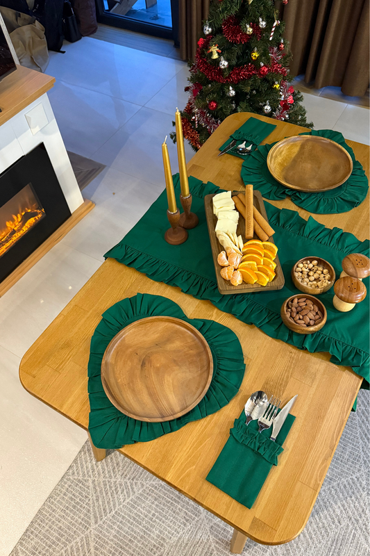 Mossy Serisi Yeşil Kalp Fırfırlı Keten Supla / Amerikan Servis