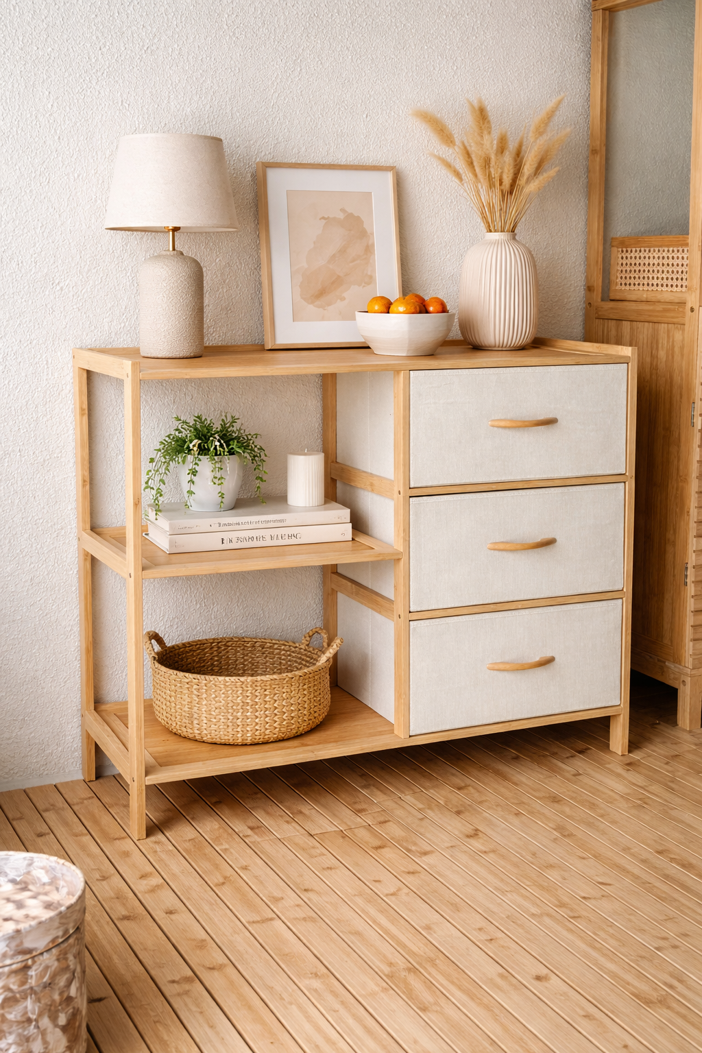 3 Katlı Çekmeceli Bambu Düzenleyici Organizer Dolap