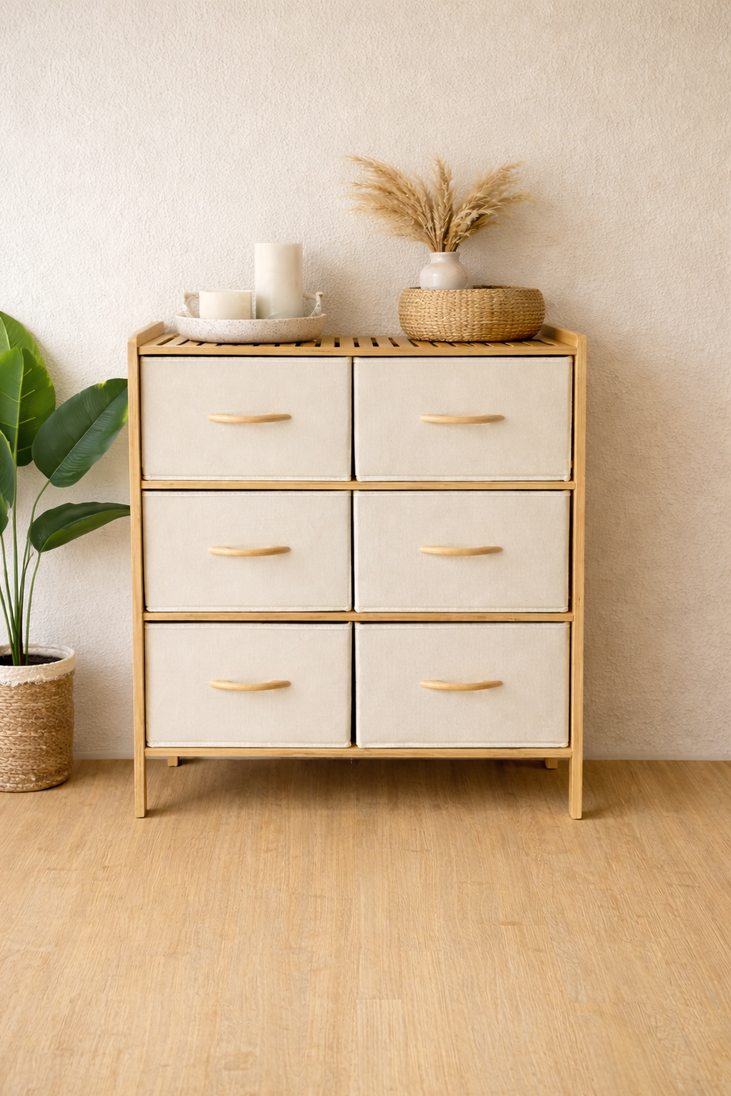 6 Bölmeli Bez Çekmeçeli Bambu Raf