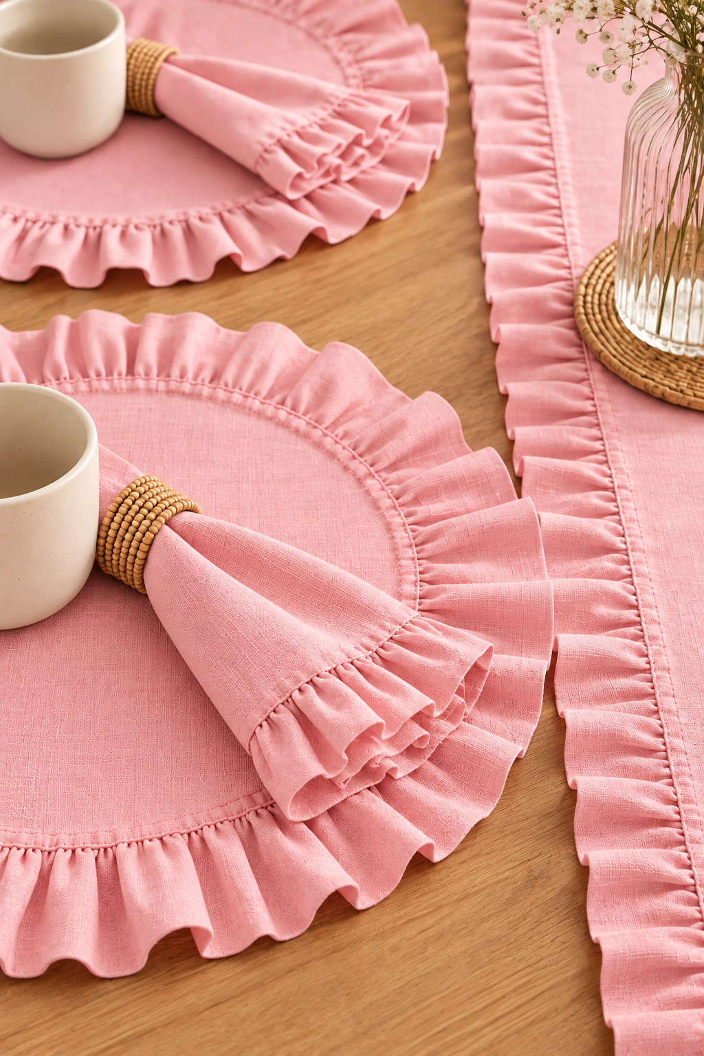 7 Parça Pembe Çeyiz Koleksiyonu Fırfır Detaylı Keten 40 x 150 Runner & Supla Seti – 6 Amerikan Servis 1 Adet Runner