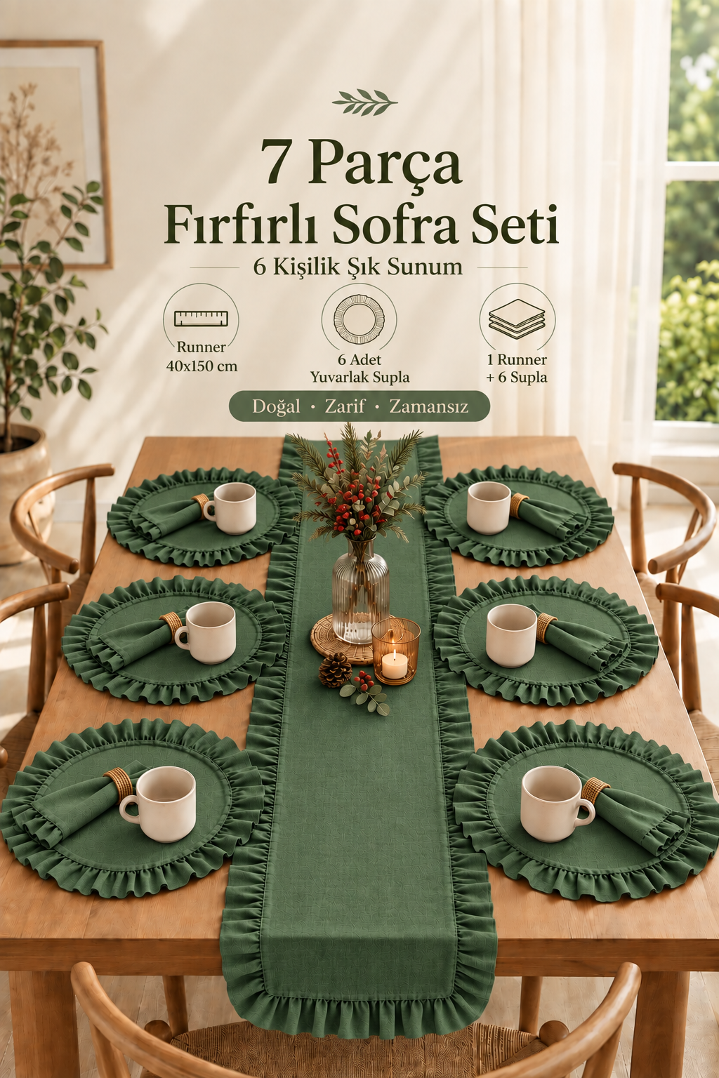 7 Parça Yeşil Çeyiz Koleksiyonu Fırfır Detaylı Keten 40 x 150 Runner & Supla Seti – 6 Amerikan Servis 1 Adet Runner