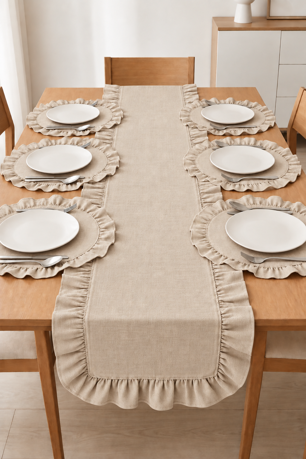 7 Parça Ham Çeyiz Koleksiyonu Fırfır Detaylı Keten 40 x 150 Runner & Supla Seti – 6 Amerikan Servis 1 Adet Runner