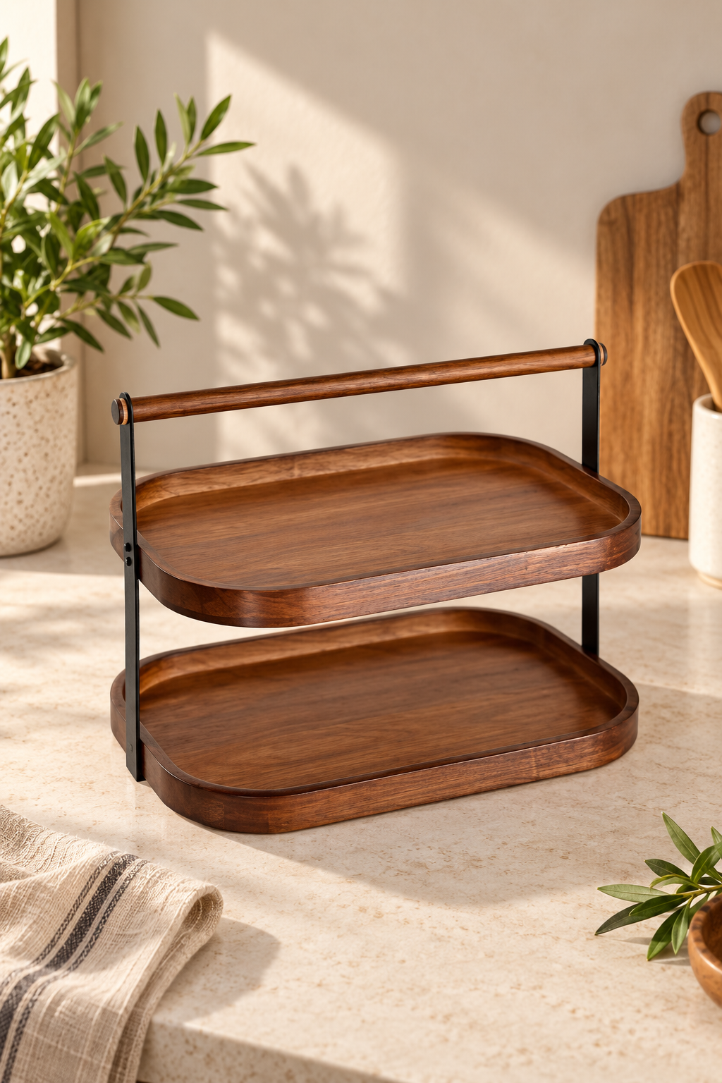 2 Katlı Akasya Stand / Sunumluk / Çok Amaçlı Organizer – Doğal Ahşap İki Katlı Servis