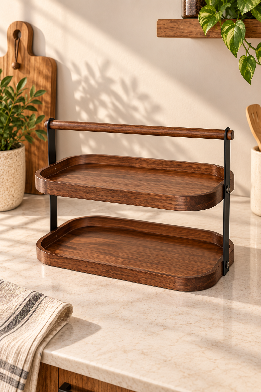 2 Katlı Akasya Stand / Sunumluk / Çok Amaçlı Organizer – Doğal Ahşap İki Katlı Servis