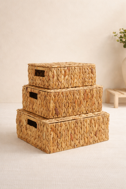 3 lü Hasır Kapaklı Dikdörtgen Organizer Çok Amaçlı Sepet Seti