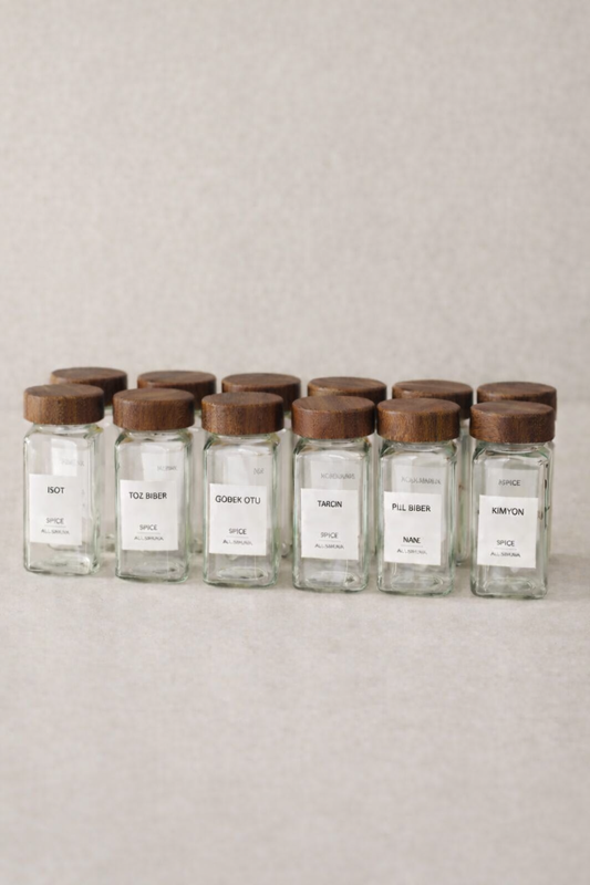 12Li Cam Bambu Kapaklı Kare Kahve Baharatlık Seti (14 adet etiket)