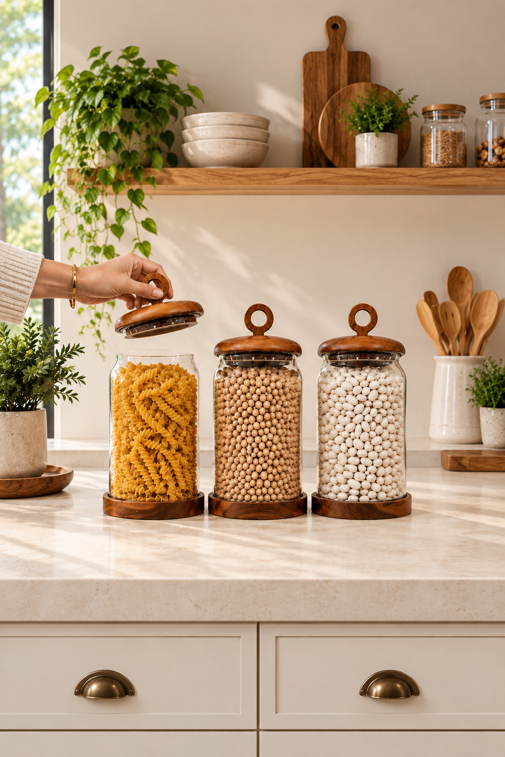 3Lü Akasya Kapak ve Akasya Altlık Detaylı Cam Kavanoz 2500 Ml