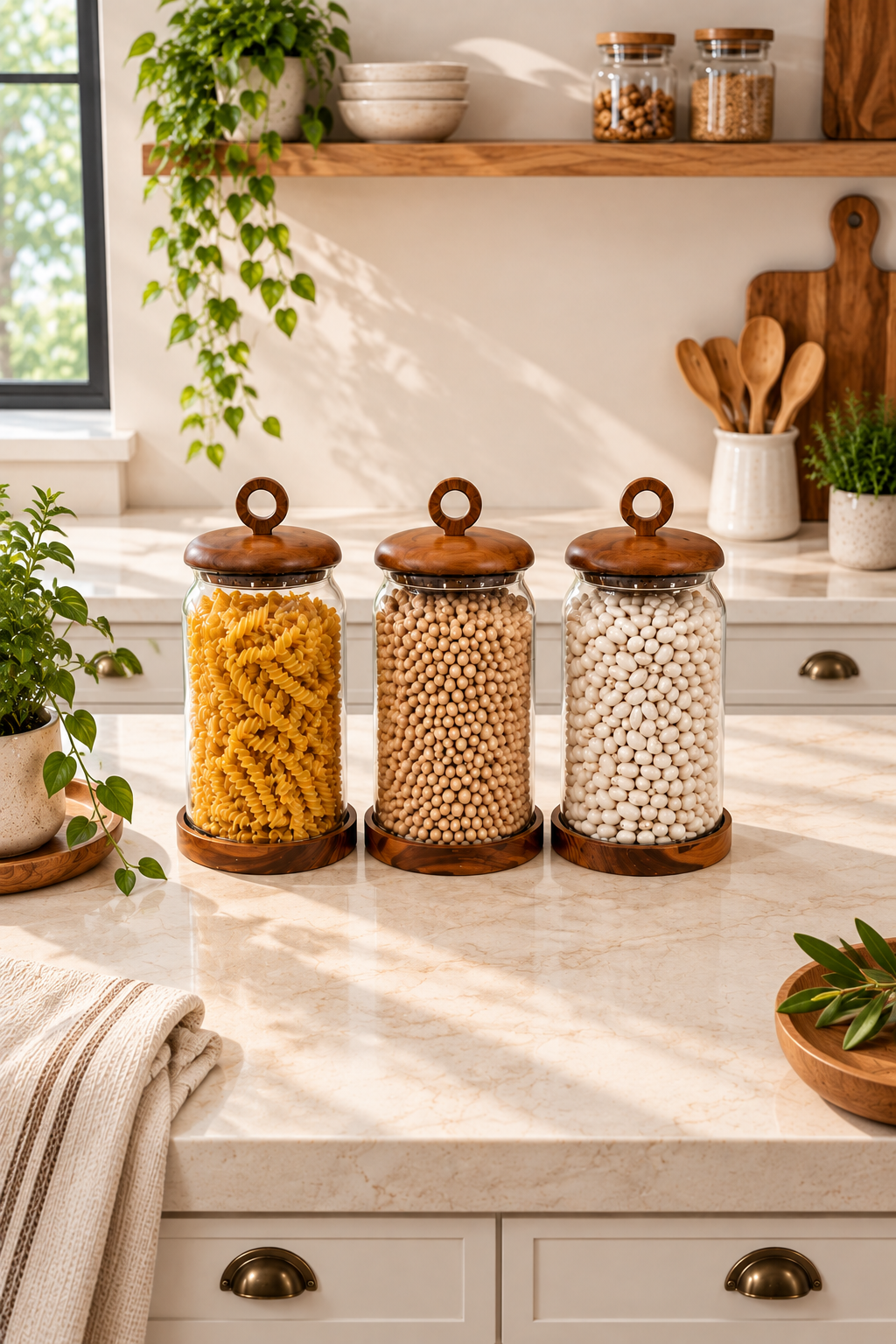 3Lü Akasya Kapak ve Akasya Altlık Detaylı Cam Kavanoz 2500 Ml
