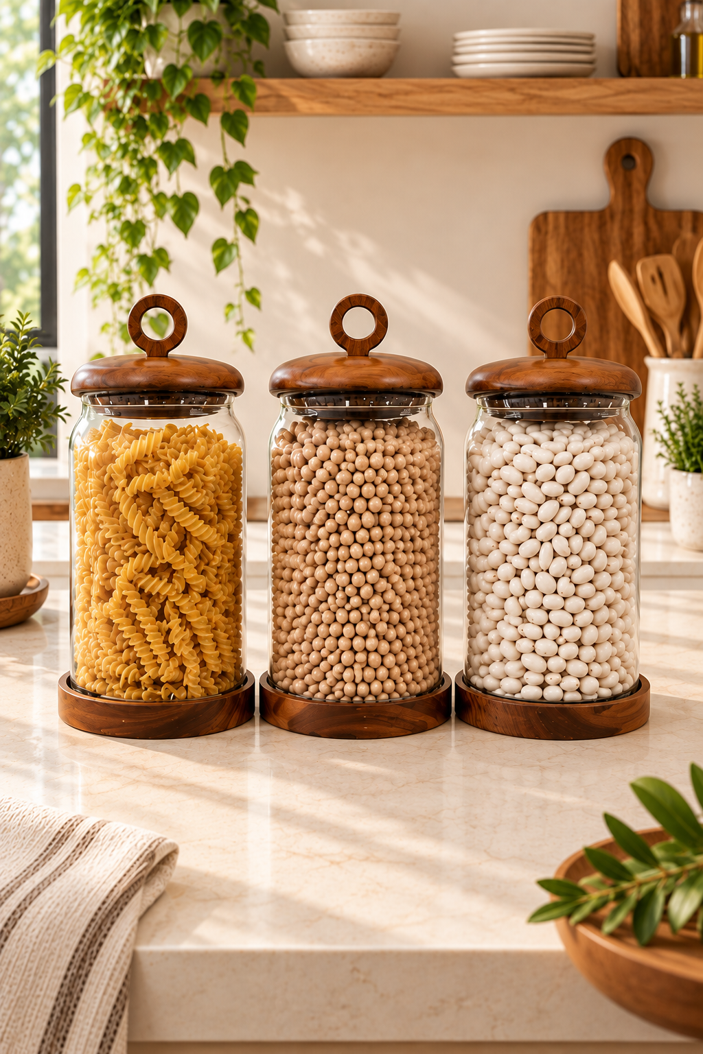 3Lü Akasya Kapak ve Akasya Altlık Detaylı Cam Kavanoz 2500 Ml