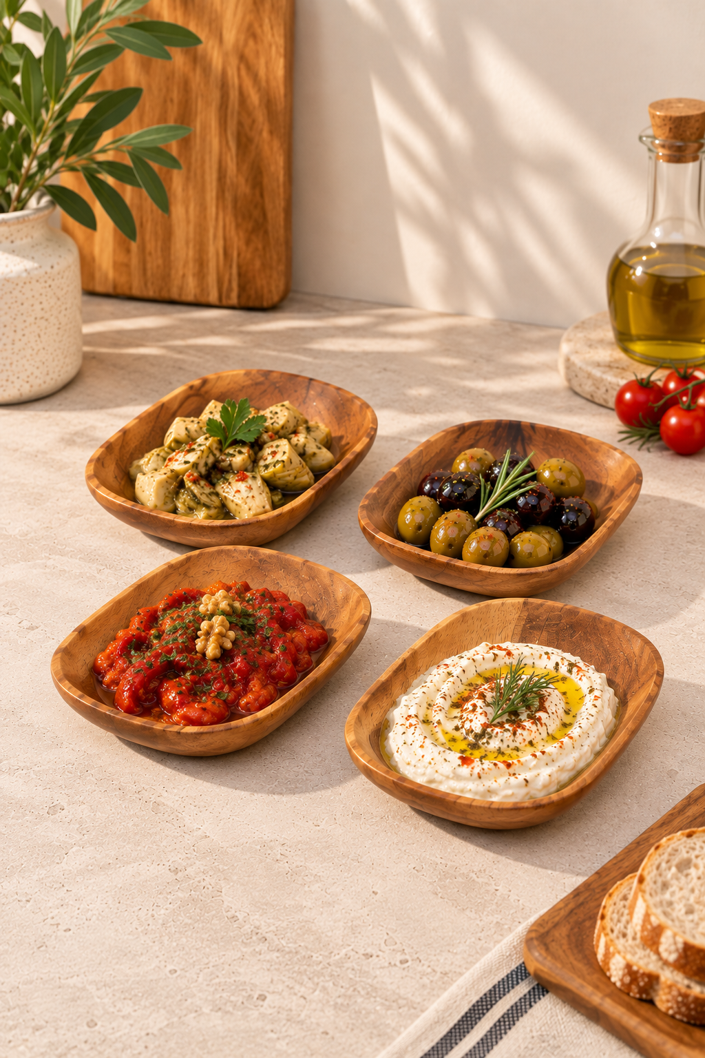 4’Lü Akasya Ahşap Kayık Meze Tabağı Seti