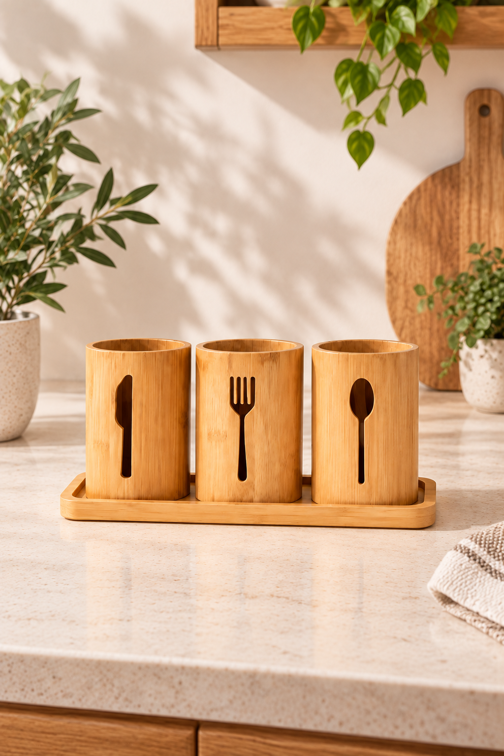 Bambu Altlıklı 3Lü Kaşık/Çatal/Bıçak Düzenleyici