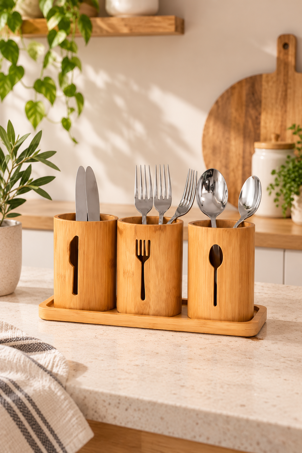 Bambu Altlıklı 3Lü Kaşık/Çatal/Bıçak Düzenleyici