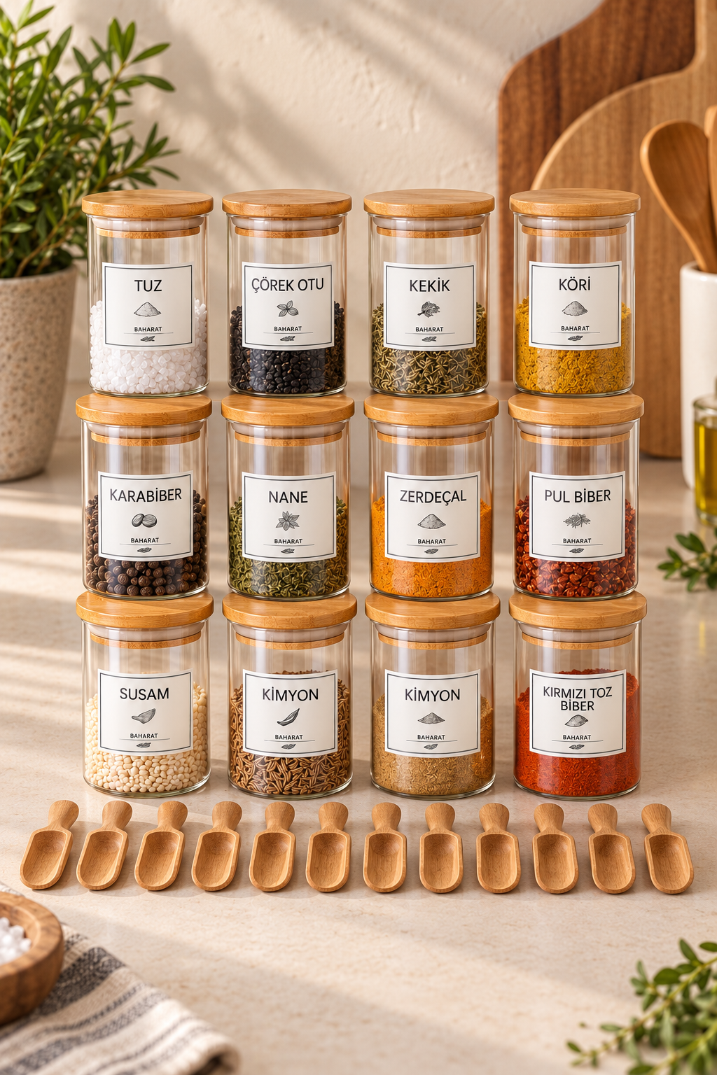 Ahşap Merdiven Standlı 12li 300 ml Baharatlık 12 Adet Ahşap Kaşık