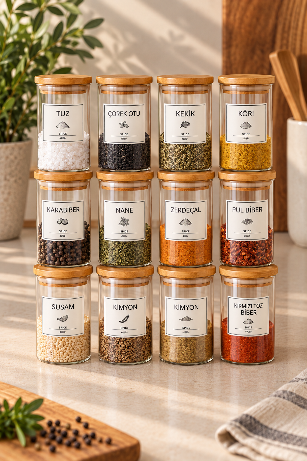 Ahşap Merdiven Standlı 12li 300 ml Baharatlık 12 Adet Ahşap Kaşık
