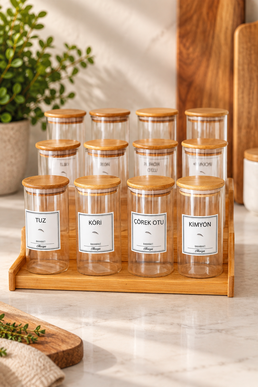 Ahşap Merdiven Standlı 12li 300 ml Baharatlık 12 Adet Ahşap Kaşık
