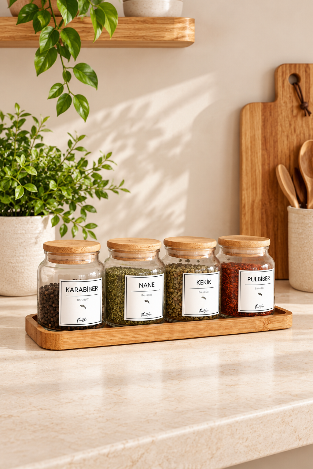 Bambu Vakum Kapaklı 4'Lü Etiketli Cam Baharat Seti