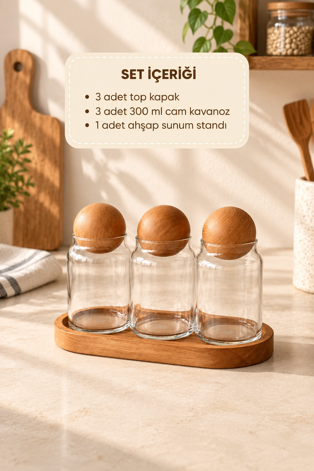 3’Lü Ahşap Standlı Cam Kavanoz Seti – Top Kapaklı 300 ml