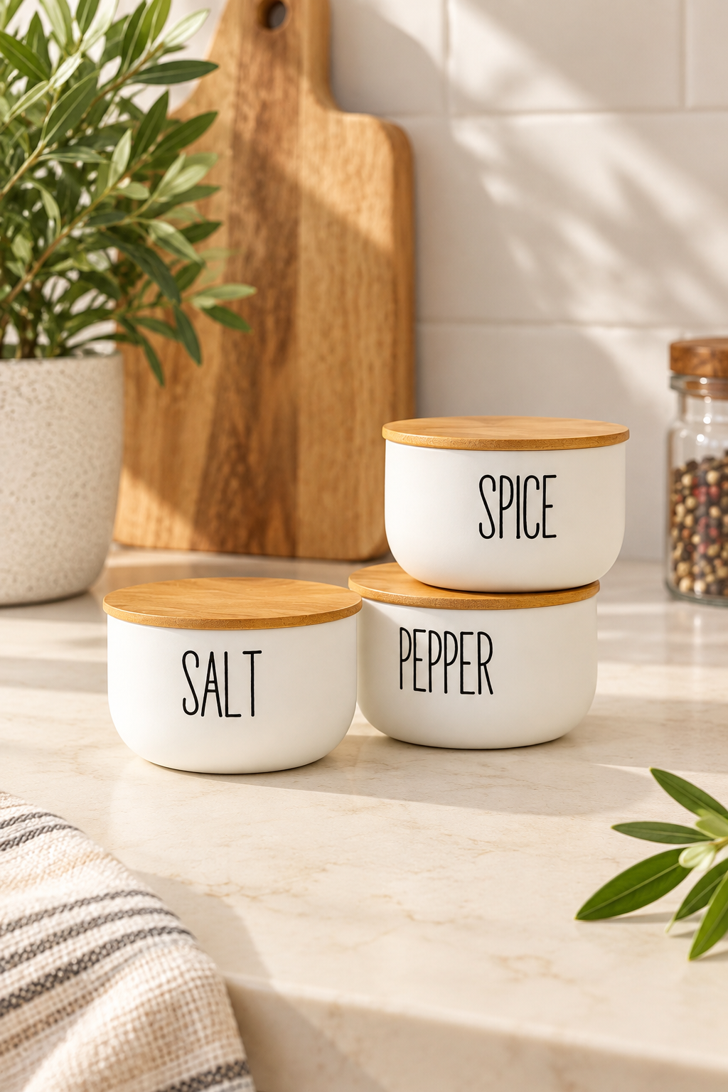 3Lü Cam Bambu Kapaklı Salt/Pepper/Spice Kavanozu