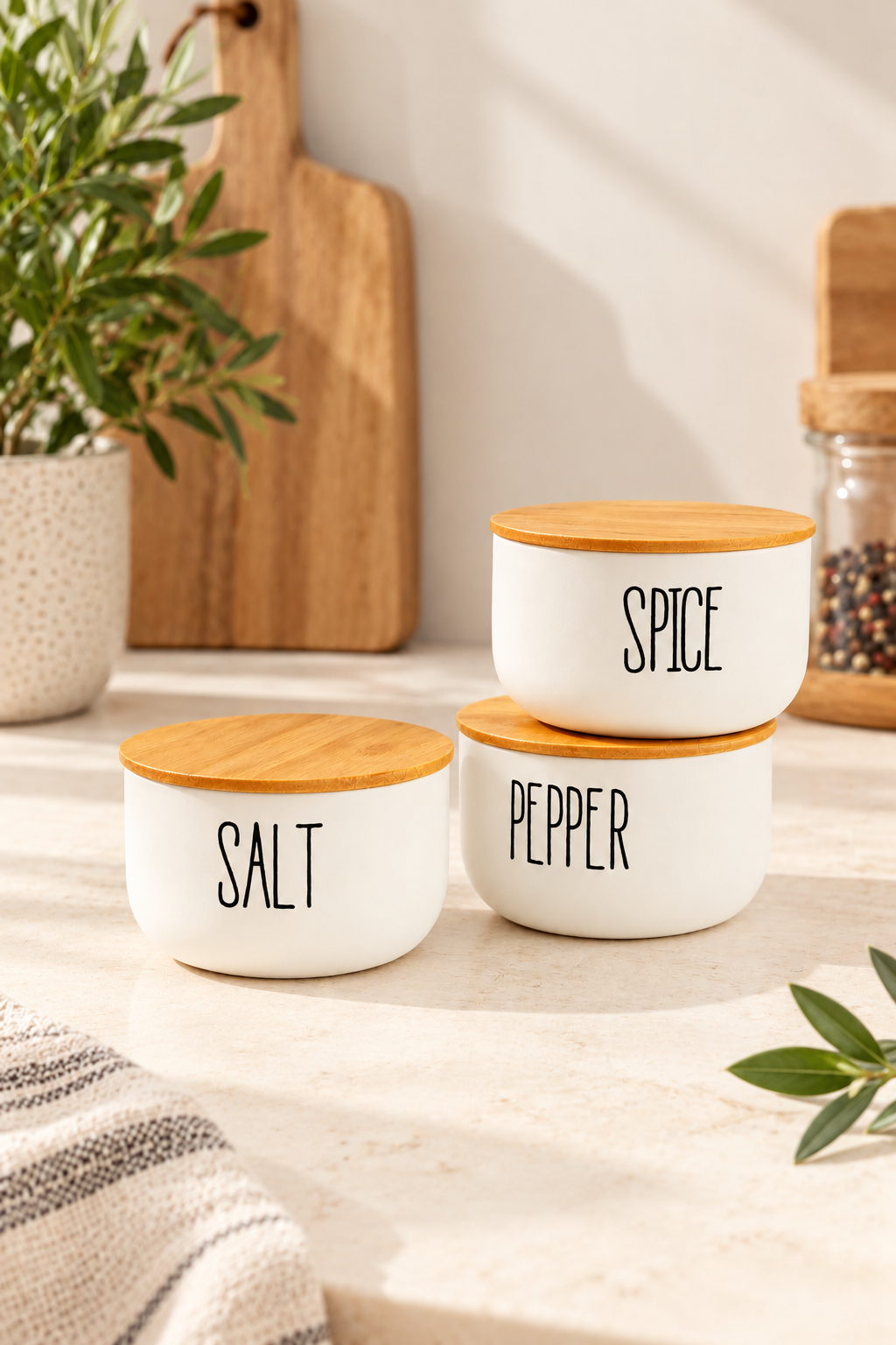 3Lü Cam Bambu Kapaklı Salt/Pepper/Spice Kavanozu