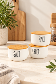 3Lü Cam Bambu Kapaklı Salt/Pepper/Spice Kavanozu