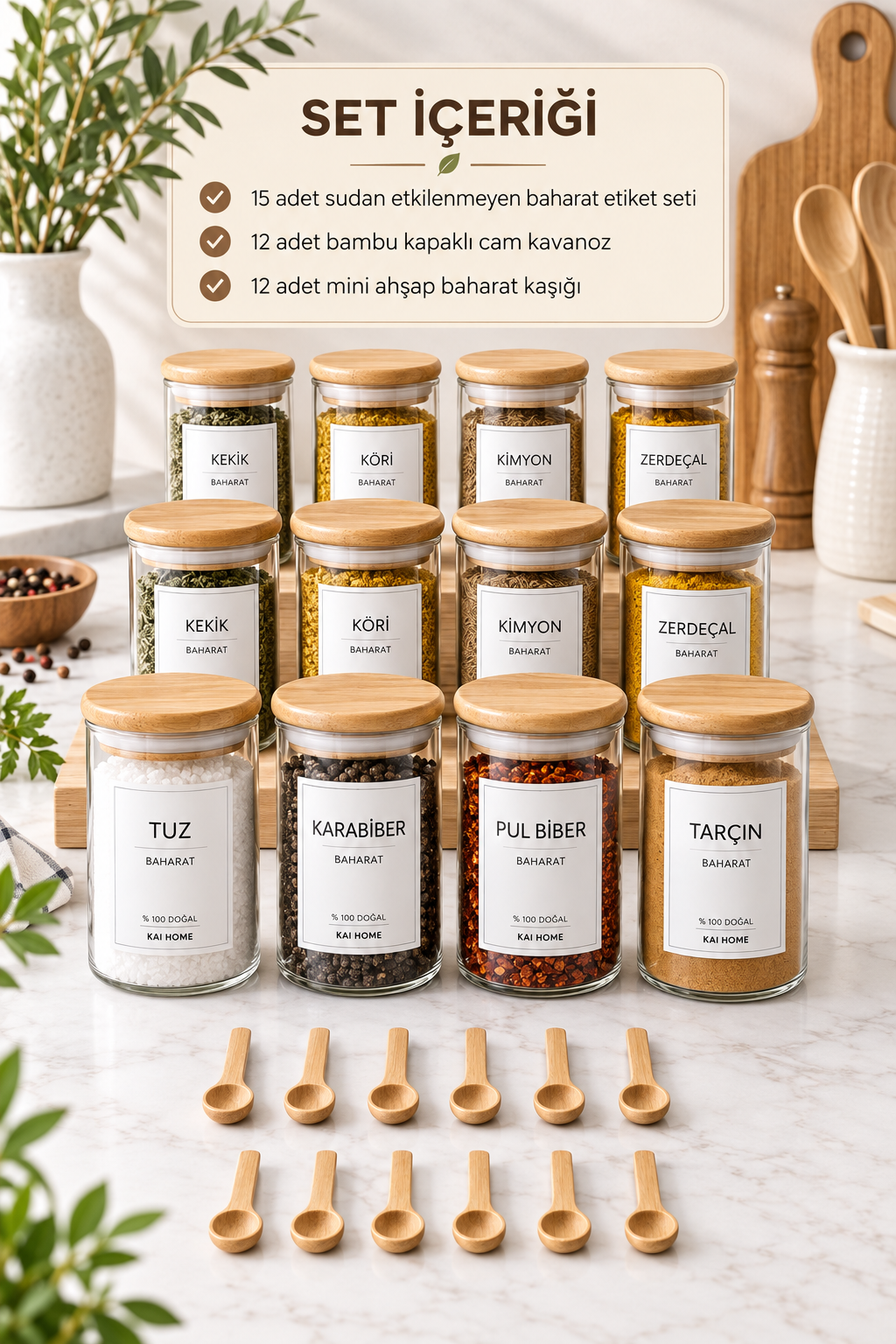 Bambu Vakum Kapaklı 12li Cam Baharat Seti + 12 Adet Ahşap Kaşık
