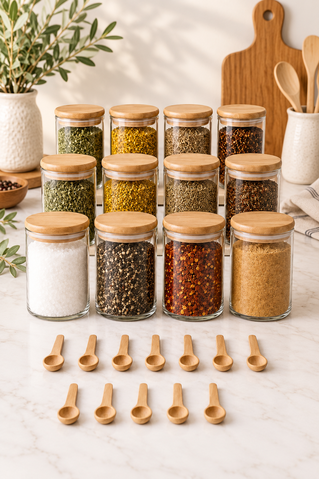 Bambu Vakum Kapaklı 12li Cam Baharat Seti + 12 Adet Ahşap Kaşık