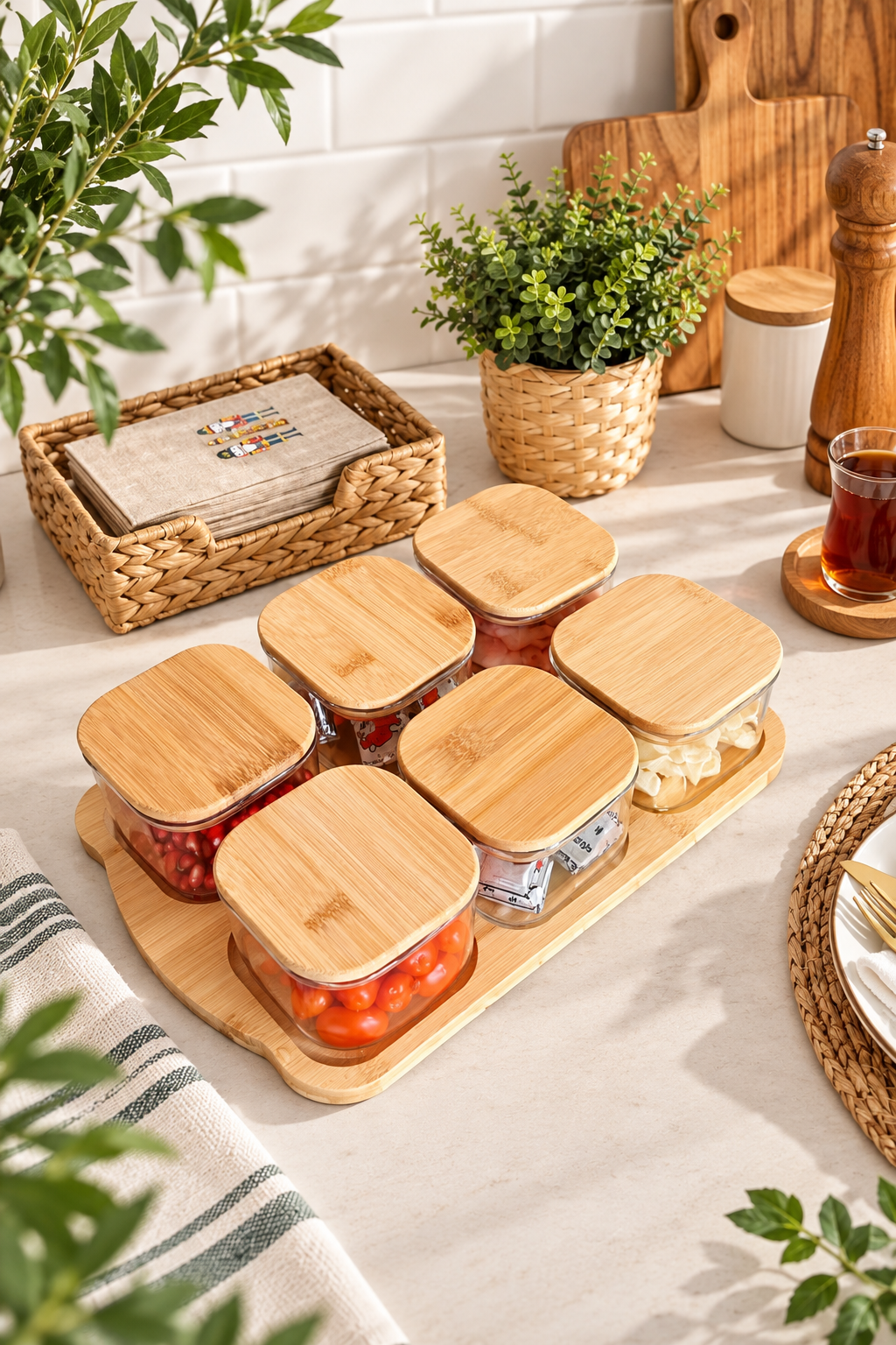 Bambu Tepsili ve Bambu Vakum Kapaklı 6Lı Cam Kahvaltılık