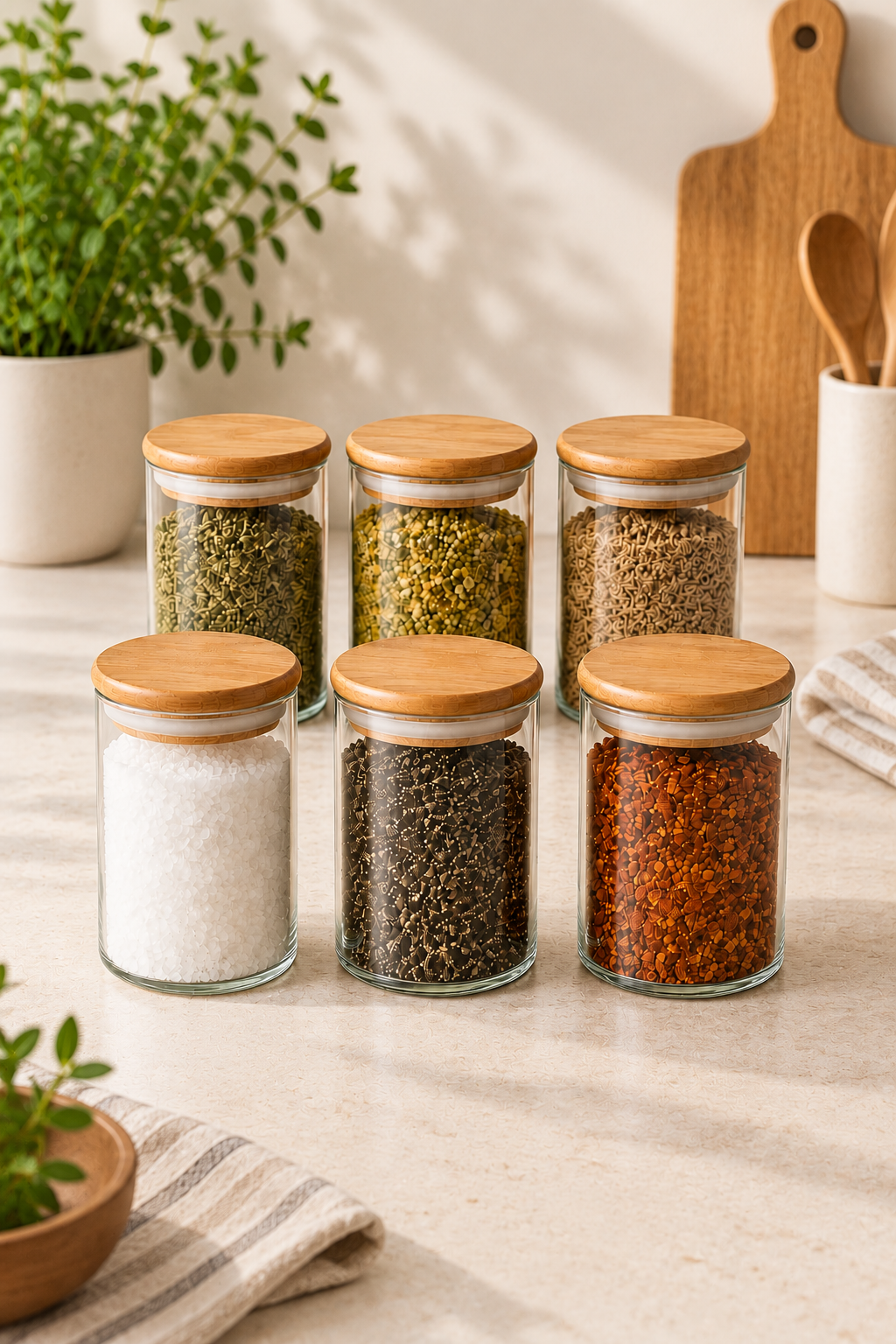 Bambu Vakum Kapaklı 300ml 6'Lı Cam Baharat Seti 6 Adet Ahşap Kaşık