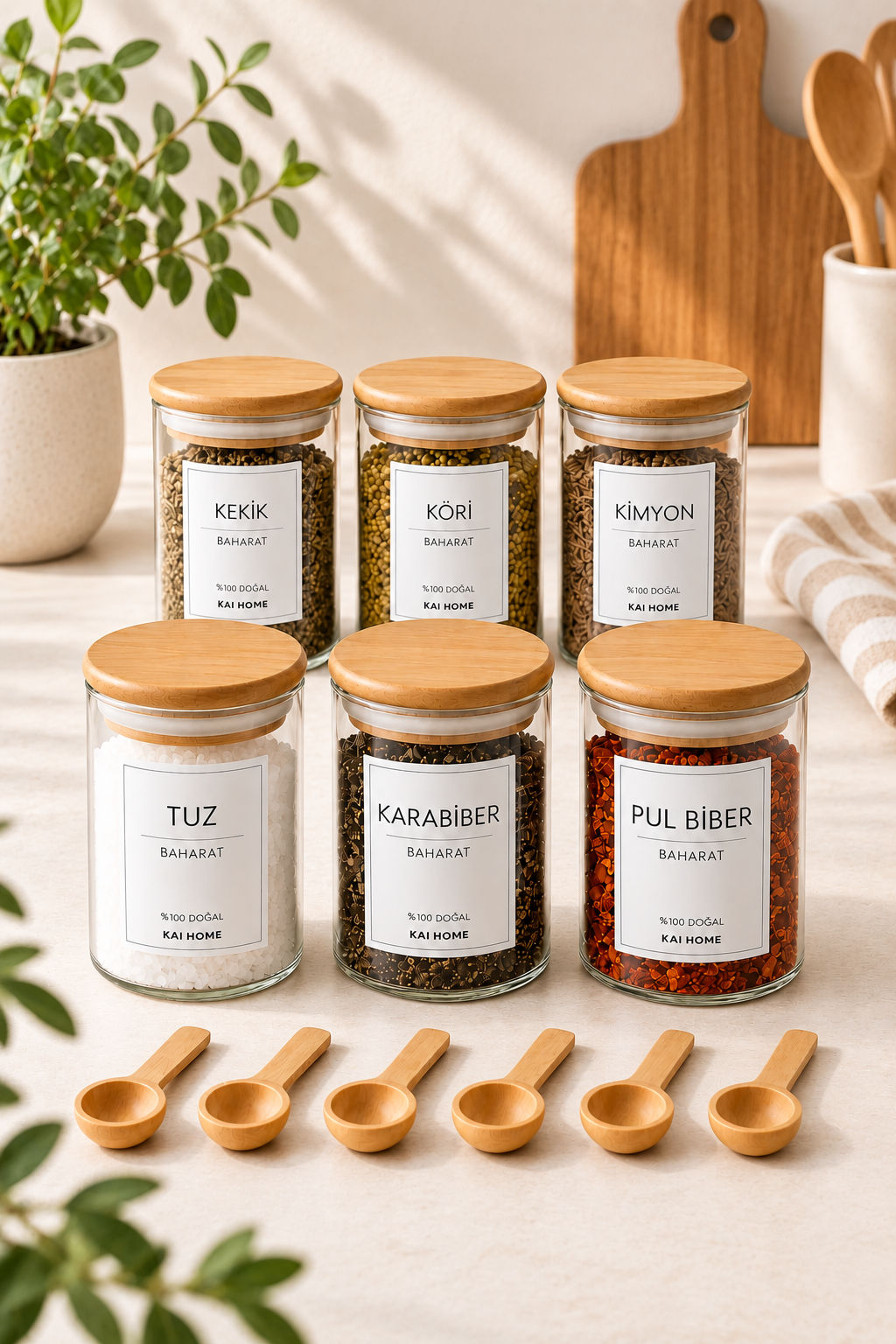 Bambu Vakum Kapaklı 300ml 6'Lı Cam Baharat Seti 6 Adet Ahşap Kaşık
