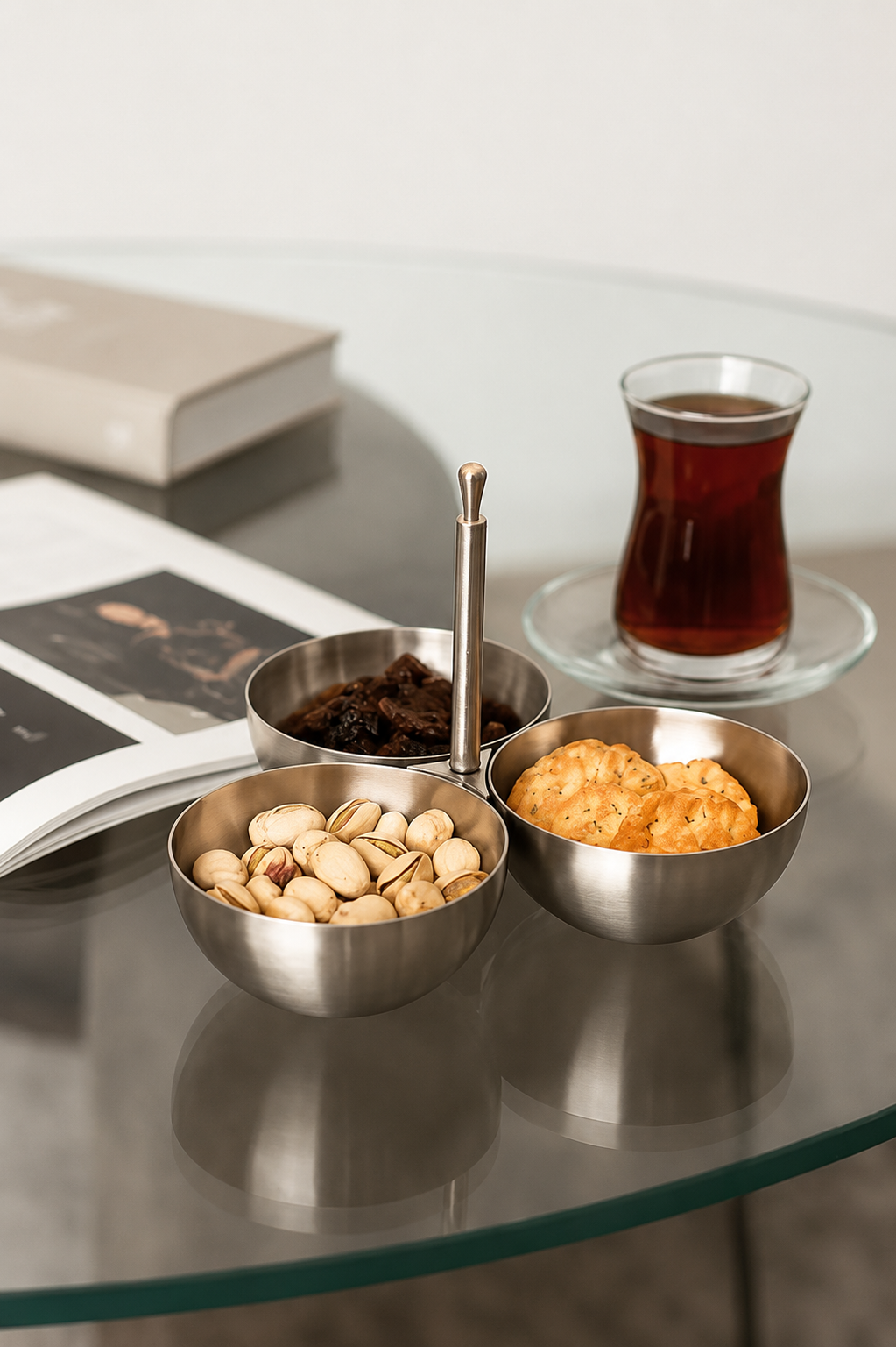 3'lü Çerezlik Paslanmaz Çelik Parlak Kuruyemişlik Reçellik Metal Saplı Kafe Lokanta Restoran Çerezlik