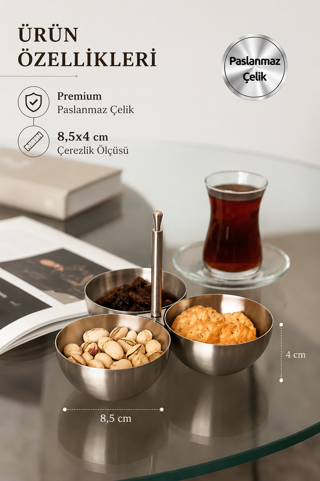 3'lü Çerezlik Paslanmaz Çelik Parlak Kuruyemişlik Reçellik Metal Saplı Kafe Lokanta Restoran Çerezlik
