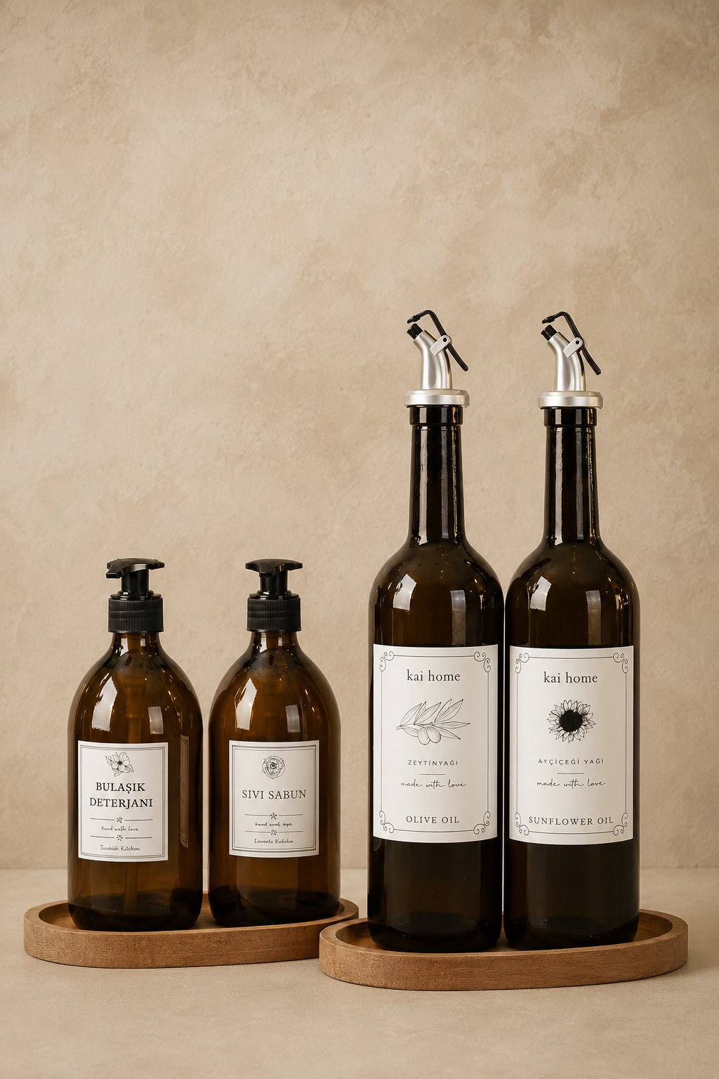 6'lı Ahşap Standlı 2'li Amber 750ml Yağdanlık 2'li Amber Sabunluk Mutfak Yağlık Sabunluk Set