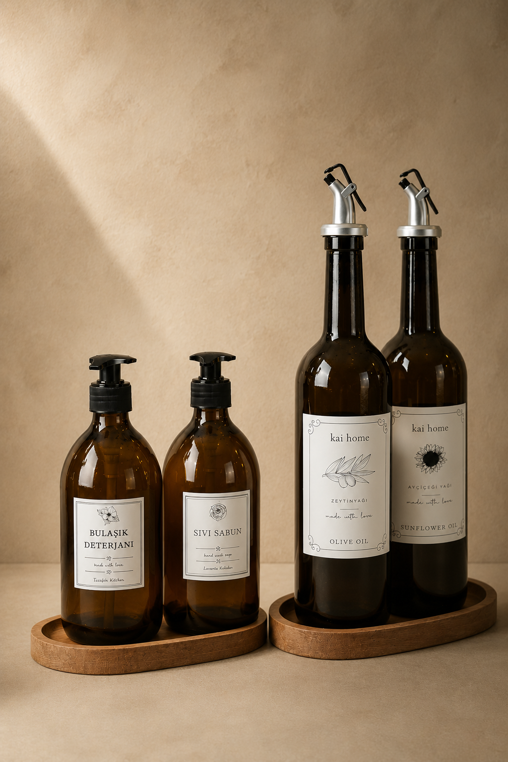 6'lı Ahşap Standlı 2'li Amber 750ml Yağdanlık 2'li Amber Sabunluk Mutfak Yağlık Sabunluk Set
