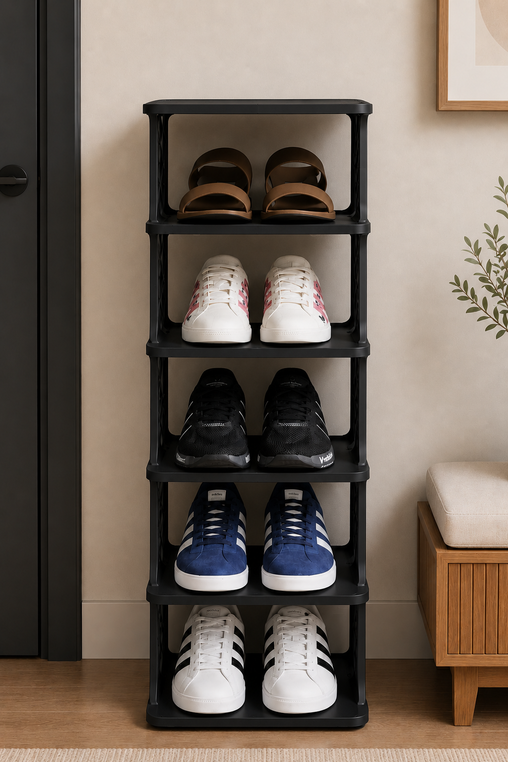 5 Katlı Modern Ayakkabılık Siyah Renk Portatif Ayakkabı Standı