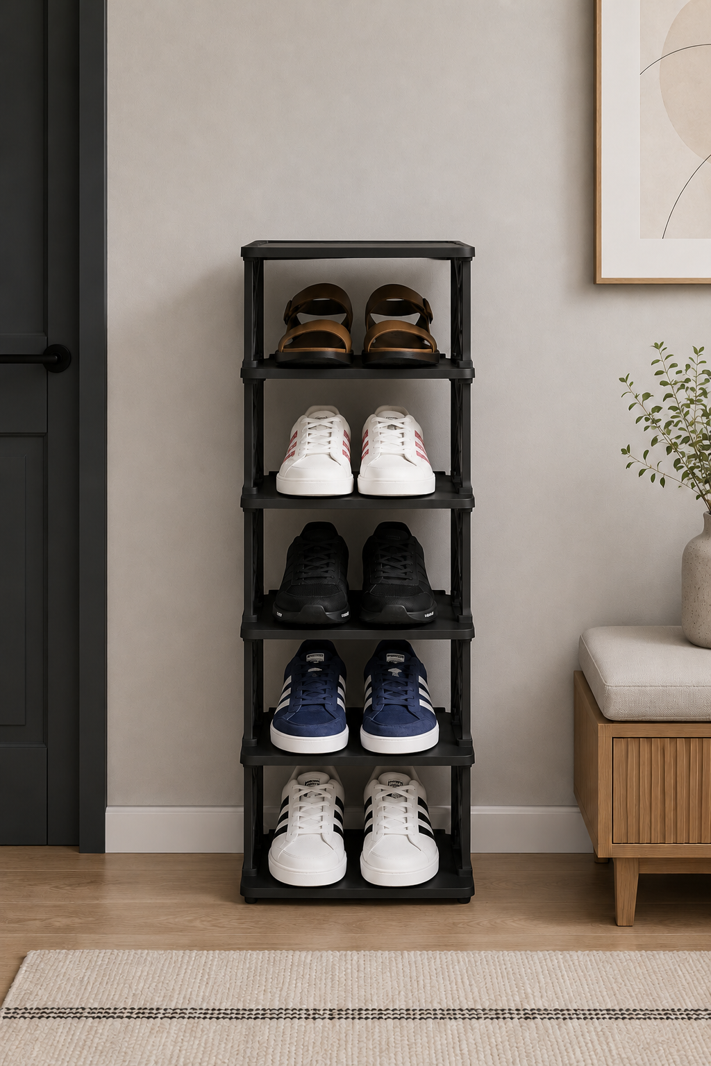 5 Katlı Modern Ayakkabılık Siyah Renk Portatif Ayakkabı Standı