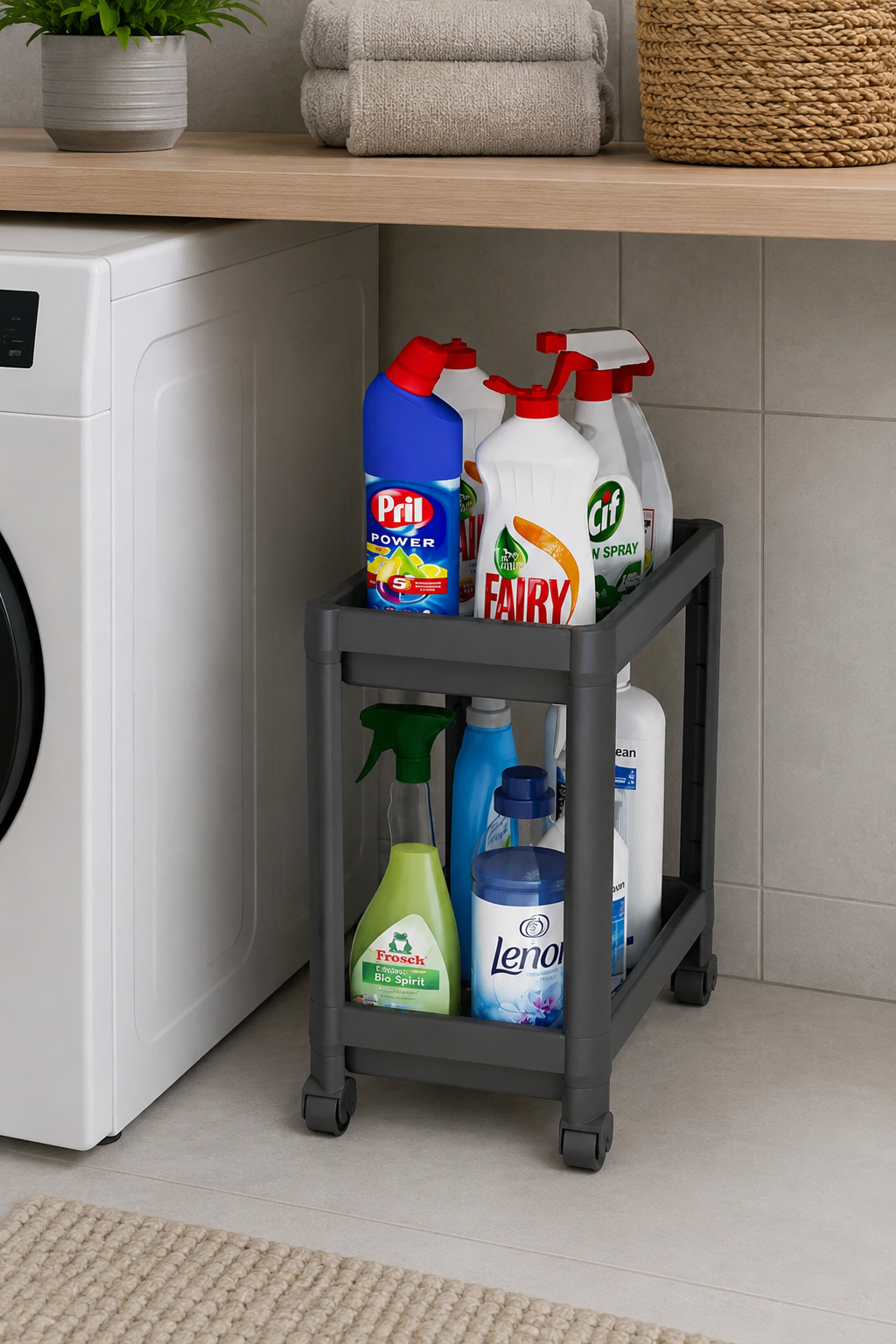 2 Katlı Gri Tekerlekli Banyo Rafı Mutfak Dolabı Düzenleyici Tezgah Altı Organizer