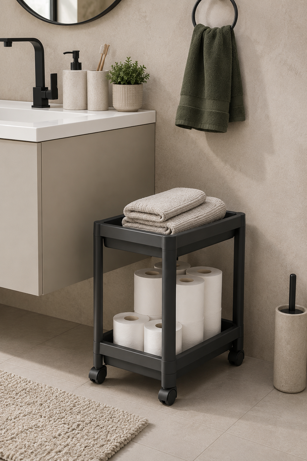 2 Katlı Gri Tekerlekli Banyo Rafı Mutfak Dolabı Düzenleyici Tezgah Altı Organizer