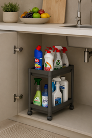 2 Katlı Gri Tekerlekli Banyo Rafı Mutfak Dolabı Düzenleyici Tezgah Altı Organizer